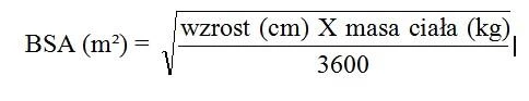 Mathematical formula for BSA in square meters, calculated as the square root of the product of height in centimeters and body weight in kilograms divided by 3600