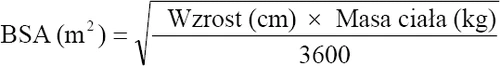 Mathematical formula for BSA in square meters, calculated as the square root of the product of height in centimeters and body weight in kilograms divided by 3600