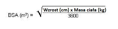 Mathematical formula for BSA in m2, calculated as the square root of the product of height in cm and body weight in kg divided by 3600