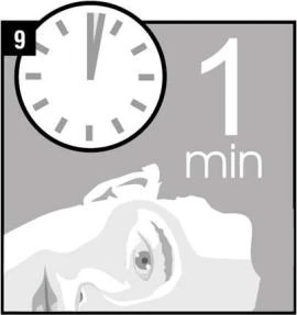 Orologio che segna le dodici, accanto a un grande testo '1 min' e a un frammento del volto di una persona su sfondo grigio
