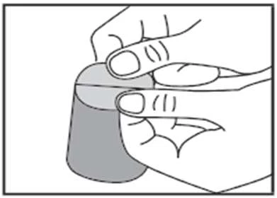 Two hands holding and unscrewing a gray cap or lid from a cylindrical medical container to open the packaging