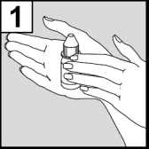 Two hands holding a small medicine bottle vertically, with a large number one in the upper left corner