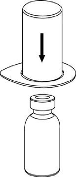 Schematic drawing showing a vertical cylinder with a black arrow pointing downward, positioned above a glass vial with a cap