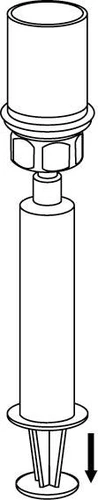 Schematic technical drawing of a vertical medical device with a wide upper opening, a cap, a long cylinder, and a lower section with a needle