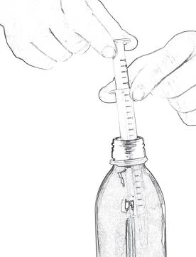 Two hands holding a syringe with a needle being inserted into the opening of a glass vial containing medication to draw up the drug