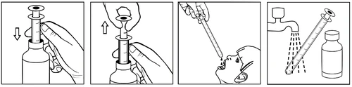 Four instructional illustrations showing pushing the plunger of a syringe into a vial, pulling it out, administering liquid into the mouth, and rinsing the syringe under a tap