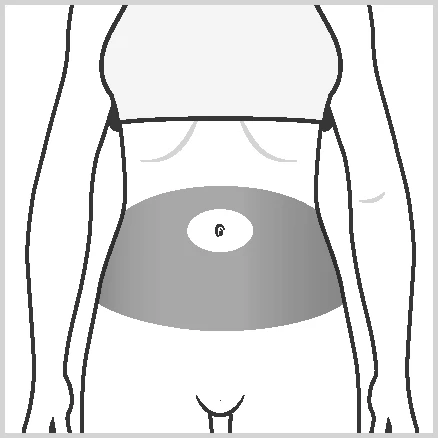 Silhouette schematica del tronco con area grigia indicata sull'addome che comprende l'ombelico, indicante il sito di somministrazione del farmaco