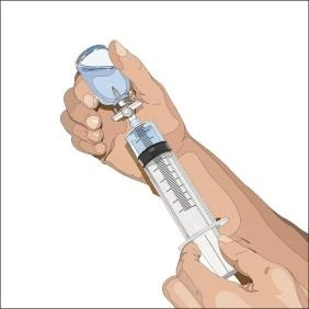Two hands holding a transparent syringe filled with liquid, one hand gripping the upper part and the other the lower part of the injection device