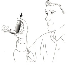 Mężczyzna trzymający inhalator, naciskający go kciukiem, podczas gdy z dyszy wydobywa się mgiełka leku w formie małych kropek
