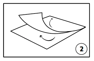Schematic black-and-white illustration showing two layers of paper or foil, with the top layer being lifted by a curved arrow, with the number 2 next to it