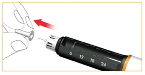 Hand holding a white component being placed onto a black injector with a numerical scale 6, 12, 18, 24, indicated by a red directional arrow