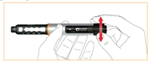 Hands holding an injection pen with a red arrow showing rotational movement of the knob at the end of the device to set the medication dose