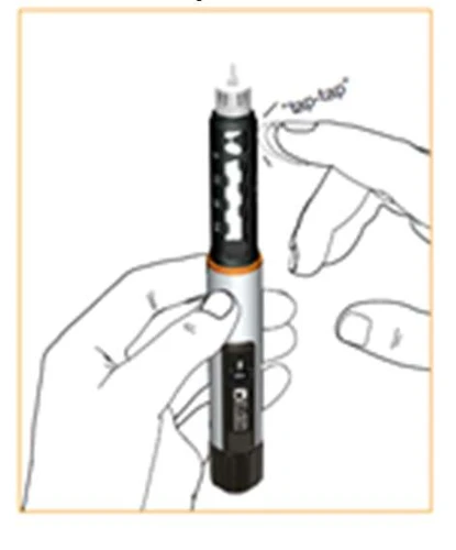 Illustration showing hands holding an injector while a finger from the other hand gently taps the upper part of the device, marked with 'tap-tap'
