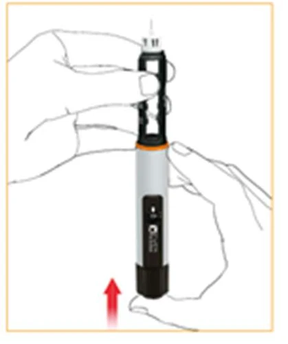 Hands holding a white-black injector vertically with a thin needle on top; a red arrow indicates upward movement of the device