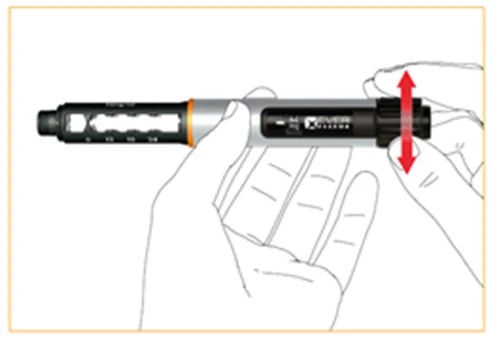 Hands holding an injector with a highlighted red arrow indicating vertical movement of the knob up and down for dose adjustment