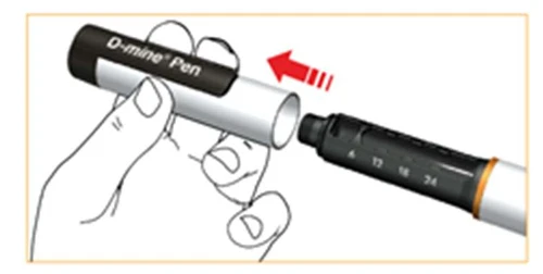 Hand holding a white-black D-mine pen, connected by a red arrow to a black component with a numerical scale marked 6, 12, 18, 24