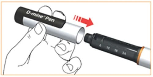 Hand holding a white-black D-mine Pen cartridge being slid via a red arrow toward a black housing with a numerical scale
