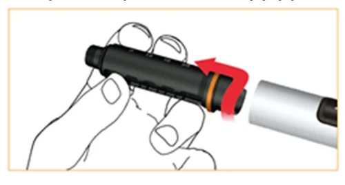Hands holding a black injector being twisted clockwise according to a red arrow to connect it with a white device