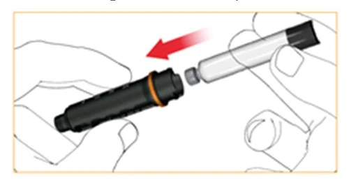 Hands connecting a black injector with a transparent medicine vial; a red arrow indicates the direction of inserting the vial into the device