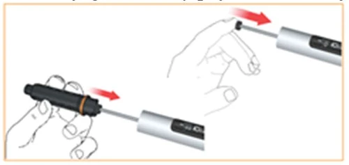 Two hands holding injectors; red arrows indicate the direction of sliding protective caps onto the device tips
