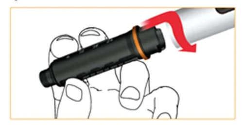 Hand holding a black injector; a red arrow shows rotational movement of the upper part of the device to prepare it for use