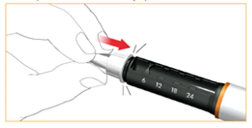 Hands holding a white-black injector with a milliliter scale; a red arrow indicates the direction of removing the cap from the device tip