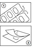 Esquema de instrucciones: el paso 1 muestra cómo separar la tira de pastillas a lo largo de la línea discontinua, y el paso 2 muestra cómo desenrollar el envoltorio de papel del medicamento