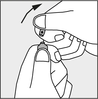 Hands holding a small medication container, one hand lifting the upper part of the cap upward in the direction of a black arrow