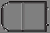 Un esquema gris rectangular que muestra una cajita o envase de dos piezas abiertas con bisagras y bordes visibles
