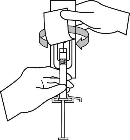 Hands holding a syringe with needle, one hand lifting the cap while the other stabilizes the device, shown as a black-and-white line schematic