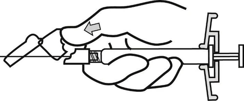 Hand holding a syringe with needle, thumb pressing the upper part inward, indicating the medication administration process