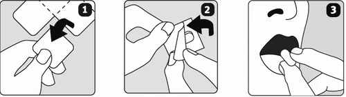Three instruction diagrams: 1. peeling open the packaging, 2. removing the tablet from the blister pack, 3. placing the tablet into the patient's mouth