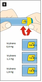 Hands holding a blue injector with two red arrows indicating rotation and three windows displaying doses: 0.6 mg, 1.2 mg, and 1.8 mg