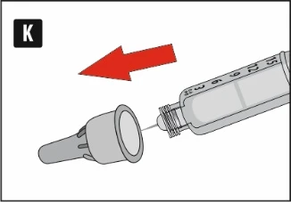 Red arrow indicating direction of placing a gray needle cap onto the needle protruding from a transparent syringe with millimeter scale