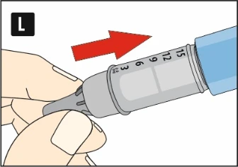 Hand holding an injector with visible milligram scale and a red arrow indicating movement to the right