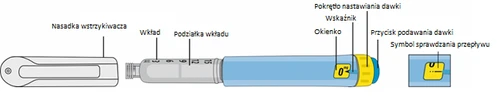 Medical diagram of an injector with labeled parts: cap, cartridge, scale, viewing window, dose knob, push button, and flow check symbol