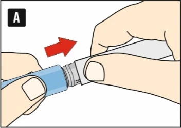Two hands separating two parts of the device, indicated by a red arrow, for disassembly or preparation for use