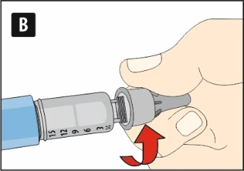 Hand holding the syringe tip with a red arrow indicating rotational movement to connect device components