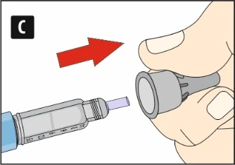 Hand holding a gray component approaching the syringe tip with visible measurement scale, with a red arrow pointing right