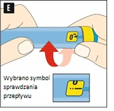 Hand holding a blue injector with a yellow display showing zero, red arrow indicating direction of device movement