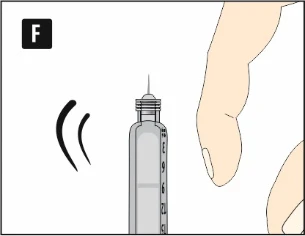 Hand holding a syringe with needle vertically, with black lines next to it suggesting motion or vibration, letter F in the upper left corner