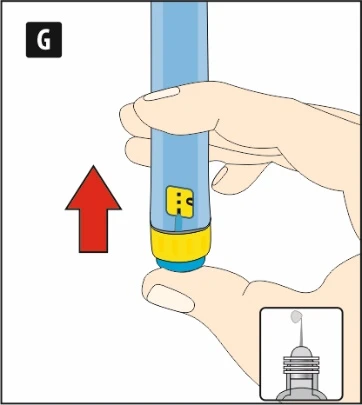 Hands holding a blue injector with yellow tip, red arrow pointing upward and a small diagram showing a needle with a droplet of fluid