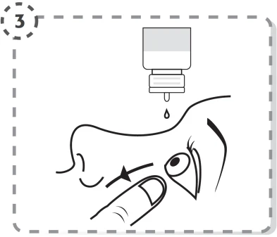 Schematic illustration depicting a drop of medication falling from a bottle onto a person's forehead, while a finger indicates the application site on the skin