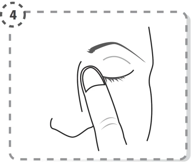 Line drawing showing an index finger touching a closed eyelid, with visible eyebrow and nose line, framed by a dashed outline