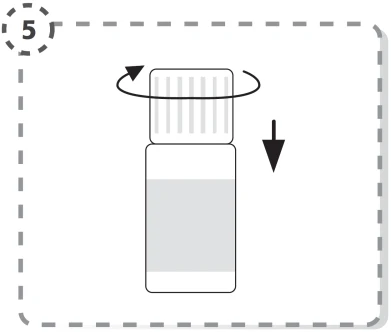 Instructional diagram numbered 5 showing the unscrewing of the bottle cap with a rotational motion and an arrow indicating downward movement