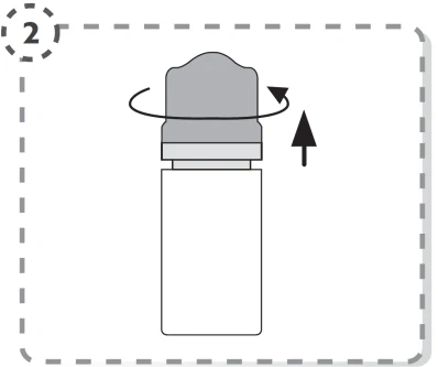 Schematic instruction showing screwing or unscrewing the top part of a vial, indicated by a rotational arrow and an upward-pointing arrow