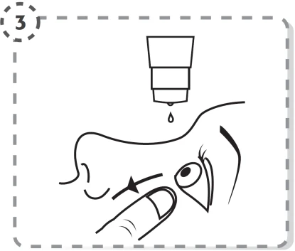 Schematic line drawing showing a drop of medication falling onto the forehead and an index finger touching the area under the eye