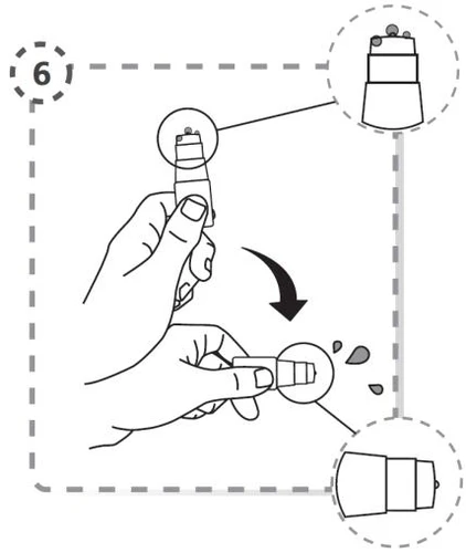 Hands rotating a white medication container, showing close-ups of the upper part and the method of turning the device in the direction of the arrow