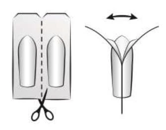 Schema che illustra il taglio dell'imballaggio con le forbici e l'apertura dei lati della parte superiore seguendo il verso delle frecce