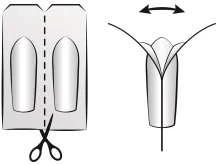 Diagram showing how to separate the packaging into two parts using scissors and instructions for opening the top part of the packaging by arrows pointing in both directions